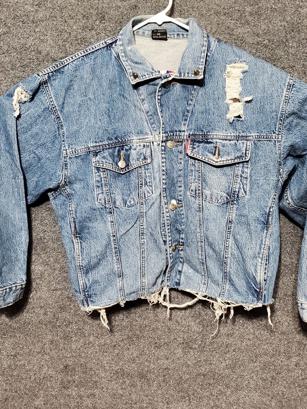 Vintage Denim Trucker Jean Jacket USA 40 Distressed Grunge BO Road Thrashed Y2K